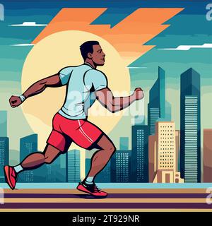 Der Mann geht morgens in der Stadt zu Sportrunden. Aktiver Lebensstil in städtischen Umgebungen. Freizeit im Freien. Vektorillustration im Cartoon-Stil Stock Vektor