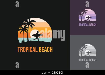 Surflogo auf tropischer Strandinsel mit Silhouette des Mannes, der Surfboard-Vektor-Illustration trägt Stock Vektor