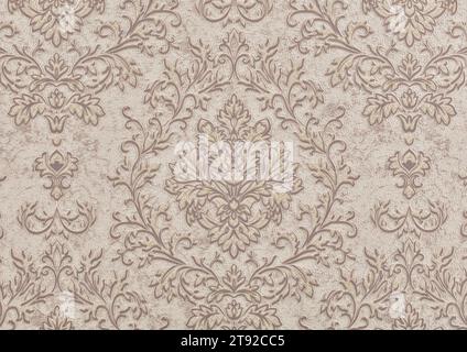 Hintergrund der Papiertextur beige Tapete mit geometrischem Retro-Muster von Curlicuen und Blättern. Stockfoto