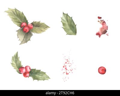 Aquarellmalerei Set aus stechpalmenblättern und roten Beeren mit Aquarellspritzern. Weihnachten, Neujahrspflanze für Ihre Karte, Winterferien Stockfoto