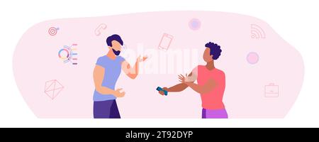 Mitarbeiterbeteiligung, Partnerschaft oder Zusammenarbeit zum Erfolg, Teamarbeit oder Teamarbeit für die Geschäftsentwicklung, Statistik- oder Analysekonzepte helfen Kollegen bei der Berechnung des Tortendiagramms und der Erstellung eines Gewinndiagramms. Moderne flache Vektorillustration. Stock Vektor