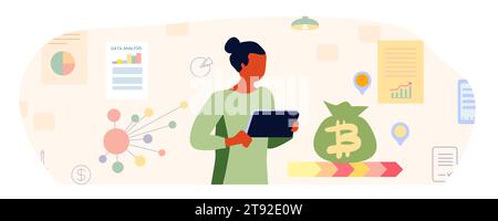 Mann mit Diagramm Analyse des Wachstums und Bewertung des finanziellen Gewinns. Umsatz und Ausgaben Geschäftsmann, Laptop, Notiz. Berechnung der Einnahmen und Aufwendungen. Zeichentrick-flache Vektor-Illustration, nicht KI, handgezeichnet Stock Vektor