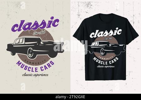 Muscle Classic Car T-Shirt-Design. Amerikanischer Oldtimer-Vektor, Oldtimer T-Shirt-Grafiken schwarz-weiß. Stock Vektor