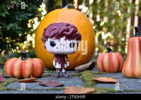 Funko Pop Actionfigur des Teenager-Mädchens Beverly Marsh aus dem Horrorfilm IT. Halloween, gruselige Saison, Kürbisse, Dekor, Moos, Herbstlaub, Garten. Stockfoto