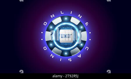 Schwarz Silber Poker Chip Vektor Online Casino Logo, Neon LED Licht Hintergrundbeleuchtung und graue CPU. Blackjack Digital Turnier Emblem Glücksspiel Hintergrund. Futur Stock Vektor