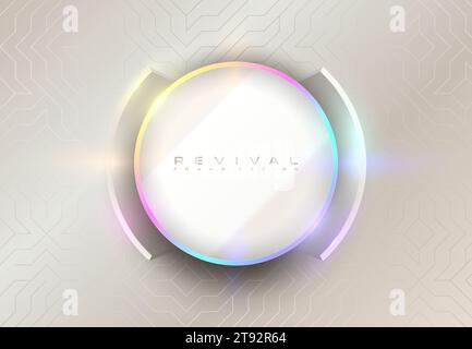 Rahmen mit rundem Logo in glänzend neonfarbenem Licht, weiße Mitte. Luxuriöser runder Leuchtenrahmen, weiße Klammern umranden auf glänzend weißem Musterhintergrund. Abstrakter Ring V Stock Vektor