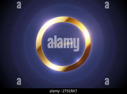 Goldener Rahmen in glänzend-luxuriösem Kreis. Rand Logo, Name, Etikett. Realistischer goldener Rahmen, luxuriöses, abstraktes Lila-Leuchtwellen-Hintergrunddesign Stock Vektor