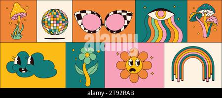 Set mit groovigen Aufklebern. Pilze, Regenbogen, Blumen, Augen, Sonnenbrillen und mehr. Von den 70er Jahren inspirierte Vektorgrafiken Stock Vektor
