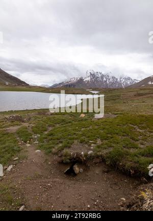 Der Pensila-See, umgeben von schneebedeckten Gipfeln, enthüllt einen ruhigen Himmel. Wildblumen zieren Wiesen und spiegeln die Harmonie der Natur im ruhigen Wasser wider. Stockfoto