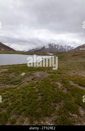 Der Pensila-See, umgeben von schneebedeckten Gipfeln, enthüllt einen ruhigen Himmel. Wildblumen zieren Wiesen und spiegeln die Harmonie der Natur im ruhigen Wasser wider. Stockfoto