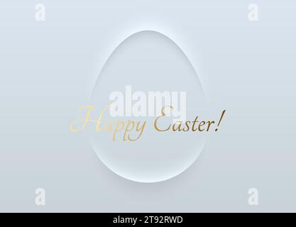 Minimalistischer Ostern-Grußkarte weißes weiches abstraktes Rahmendesign in 3D-Eierform. Frohe Ostern goldener Text. Vektordesign weißer Hintergrund. Luxuriöse Minima Stock Vektor