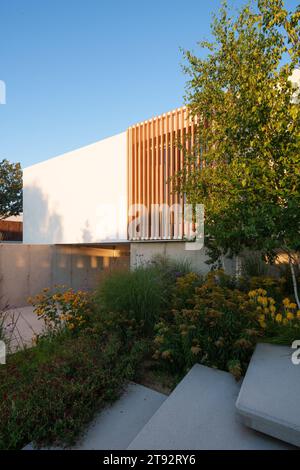 Ein luxuriöses Haus mit einem minimalistischen und weißen Pool und Gärten könnte ein zeitgenössisches und elegantes Design haben Stockfoto