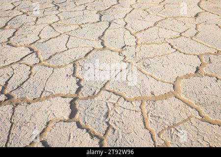 Gerissener Boden und gekrümmter Fluss als Wasserquelle. Das Konzept der globalen Erwärmung. Trockene Risse im Land, ernste Wasserknappheit. Dürrekonzept. Stockfoto