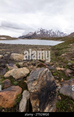 Der Pensila-See, umgeben von schneebedeckten Gipfeln, enthüllt einen ruhigen Himmel. Wildblumen zieren Wiesen und spiegeln die Harmonie der Natur im ruhigen Wasser wider. Stockfoto