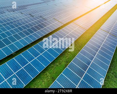 Solarfarm und Sonnenlicht. Solarstrom für grüne Energie. Nachhaltige erneuerbare Energien. Photovoltaik-Kraftwerk oder Solarpark. Installation des Solarmoduls Stockfoto