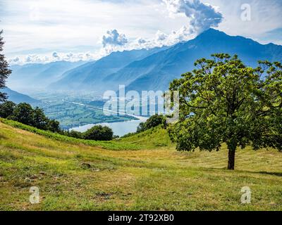 Blick auf den Beginn des Valtellina vom Comer See aus Stockfoto