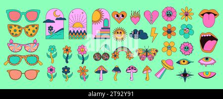 Set von trippigen Hippie-Stickern mit groovigen Pilzen, Sonne, Blume, Lippen, Augen, sonnenbrillen und mehr. Retro-Vektorabbildungen Stock Vektor