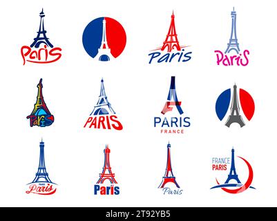 Ikonen des Pariser Eiffelturms mit französischer Flagge und Reisezielen, Vektorabzeichen. Französische und Pariser Symbole für kreative Kunst des Eiffelturms mit Herz-in-Line-Silhouette für französische Mode oder T-Shirt-Muster Stock Vektor