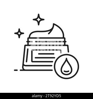 Kosmetische Creme Glas Symbol, Gesichtshaut Pflege Feuchtigkeitscreme mit Hydration Tropfen, Linie Vektor. Hautpflege und Schönheit, Balsamtopf für Gesicht, Hand und Körper oder feuchtigkeitsspendende Gesichtscreme mit Wassertropfensymbol Stock Vektor