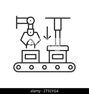 Symbol Fertigungsstraße. Herstellung von fertigen Fischprodukten. Verpackung in Papierkartons. Ausrüstung für die Vektorfischerei Stock Vektor