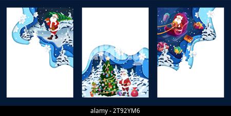 Weihnachtspapier-Poster und Grußkarten. Cartoon santa mit Geschenktüte, die auf dem Schlitten fliegt und Kiefer trägt. Vektor-Feiertagsgrußkarten-Vorlagen mit lustigem Vater Noel in der Nähe dekorierter Fichte Stock Vektor