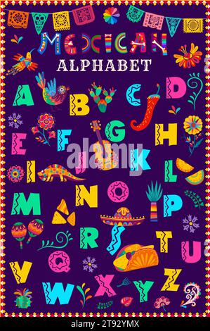 Mexikanische Schriftart, hispanische Schriftart, ethnische Schriftart, englisches Zeichentrick-Alphabet. Vektor-abc-Buchstaben festgelegt. Schriftart Mexiko und lateinamerika, Kalligraphie im alebrije-Stil, mit hellen Farben und Mustern Stock Vektor