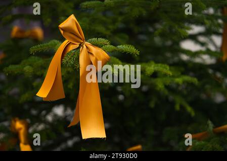 Tauchen Sie ein in die Weihnachtsstimmung mit einer Nahaufnahme eines Tannenbaums, der von einem orangegelben (orange-gelben) Band verziert ist. Die ausgefransten Enden von t Stockfoto