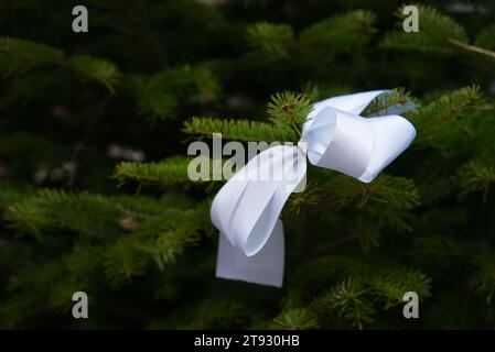 Erleben Sie die Reinheit der Saison mit einem eleganten weißen Stoffband, das einen Weihnachtsbaumzweig ziert. Dieser einfache und dennoch raffinierte Detai Stockfoto