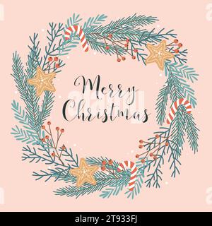Weihnachtskranz Grußkartenschablone mit handgezeichneten Elementen. Vektorabbildung in abgewickelter Form Stock Vektor