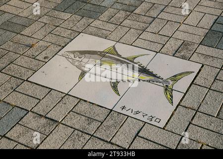Nachikatsuura, Japan; 1. Oktober 2023: Bodenfliese mit Fischmotiven. Stockfoto
