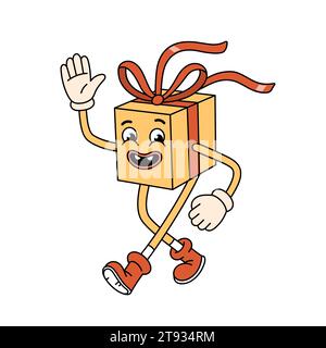 Groovige Weihnachts-Geschenkbox Charakter winkt Hand. Groovige Retro-Cartoon-Figur im Doodle-Stil. Vektorillustration isoliert auf weiß. Stock Vektor