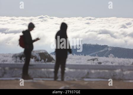 Schierke, Deutschland. November 2023. Zwei Wanderer stehen auf dem Brocken und blicken über ein Wolkenmeer. Die Landschaft im Nationalpark Harz am Brocken ist von Raureif bedeckt. Bizarre Eiskristalle bilden sich auf Gräsern und Pflanzen. Frostige Temperaturen sorgen für dieses Spektakel im Harz, während der Schnee noch weit entfernt ist. Quelle: Matthias Bein/dpa/Alamy Live News Stockfoto