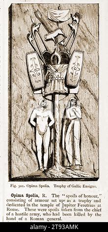 Ein Kupferstich aus dem 19. Jahrhundert, der die Kriegsbeute oder Ehrenbeute in römischer Zeit zeigt. Er wurde im Tempel des Jupiter Fevetrius errichtet und war der Legende nach der erste Tempel, der jemals in Rom-un’incisione del XIX secolo che mostra il bottino di guerra o il bottino d’onore in Epoca romana gebaut wurde. Fu allestito nel Tempio di Giove Fevetrio. Secondo la leggenda fu il primo tempio mai costruito a Roma. Stockfoto