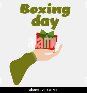 Hand hält eine Geschenkbox. Flaches Banner mit Text Boxing Day. Verwendung für Postkarte, Website, Kopfzeilen, Blogbeiträge, Drucken. Dezember 26 Celebration Po Stock Vektor