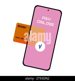 Smartphone- und Kreditkartenbanner isoliert auf weiß. Werbeaktion Poster Telefonbank Illustration. E-Geld-Geldtransfer. Sicher bezahlen Stock Vektor