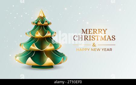 Frohe Weihnachten und Happy New Year Karte mit schönem Weihnachtsbaum und Schnee auf hellgrünem Hintergrund. Goldene Farbe Weihnachten wünscht Text. Stock Vektor