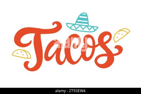 Logo-Emblem mit Handschrift Tacos. Mexikanisches Café Stock Vektor