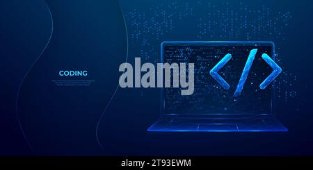 Abstraktes Programmcode-Symbol auf einem Laptop-Bildschirm in Hellblau Stock Vektor