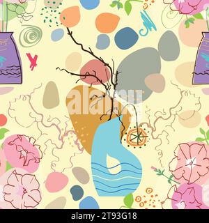 Nahtlos abstrakt mit Vasen. Trendige Stillleben-Collage mit Topf, Pflanze und Vase. Handgezeichnetes minimalistisches Formvektorset. Illustration Topf mit Blume Stock Vektor