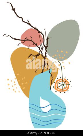 Abstrakte Poster mit Vasen. Trendige Stillleben-Collage mit Topf, Pflanze und Vase. Handgezeichnetes minimalistisches Formvektorset. Illustration Topf mit Blume Stock Vektor