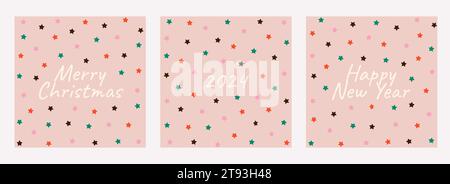 Setzen Sie die Grußkarten „Frohe Weihnachten“ und „Happy New Year 2024“ im Doodle-Stil. Niedliche festliche quadratische Vorlagen-Kollektion. Pastellfarben. Vektor Stock Vektor
