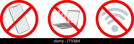 Satz von Verbotssymbolen für Mobiltelefon, Laptop und wi-fi. Vektorabbildung Stock Vektor