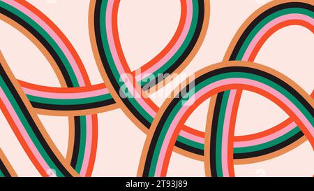 Abstraktes Hintergrunddesign mit bunten Wellenlinien im Retro-Stil der 60er-70er-Jahre. Coole, groovige Kulisse. Trendige Zeichentrickbanner-Vorlage. Vektorabbildung Stock Vektor