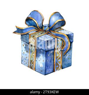 Geschenkbox in Aquarellfarbe in Weihnachtsblau mit goldenem Band. Satinschleife zum Geburtstagsgeschenk. Große Bastelbox. Überraschen. Stockfoto