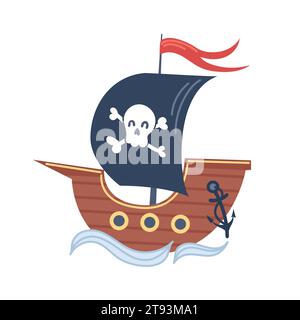 Niedliches Piratenschiff für Kinder im Cartoon-Stil. Jolly Roger, Abenteuer und Reisen. Vektorabbildung. Für Aufkleber, Poster, Postkarten, Design Stock Vektor