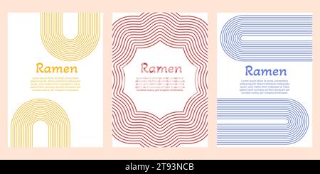 Nudelramen gelbe, rote und blaue Textur-Poster-Vorlage. Kollektion mit gewelltem Nudelhintergrund. Italienische Spaghetti, Makkaroni-Illustration Stock Vektor