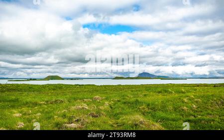 See Myvatn im Sommer in der nördlichen Region Islands, Europa. Sommerlandschaft Stockfoto