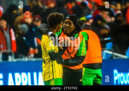 Toronto, Ontario, Kanada, 21. November 2023, Jamaica Spieler feiern während des Spiels der CONCACACAF NATION LEAGUE zwischen Kanada und Jamaika im BMO Field. Stockfoto