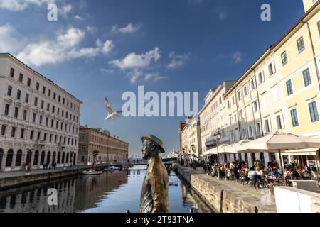 TRIEST, ITALIEN – 19. November 2023: Möwen umkreisen die Statue des irischen Schriftstellers James Joyce auf der Brücke von Ponte Rosso in Triest Stockfoto