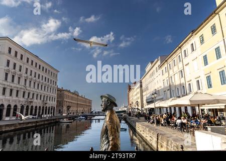 TRIEST, ITALIEN – 19. November 2023: Möwen umkreisen die Statue des irischen Schriftstellers James Joyce auf der Brücke von Ponte Rosso in Triest Stockfoto